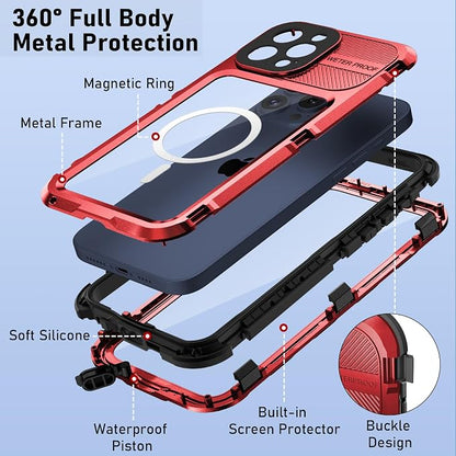 WIFORT for iPhone 15 Pro Waterproof Case - Metal Heavy Duty Full Body Protective Cover Built-in Screen Protector, IP68 Water Proof Military Grade Shockproof Rugged Drop Defender Phone case 6.1" Red