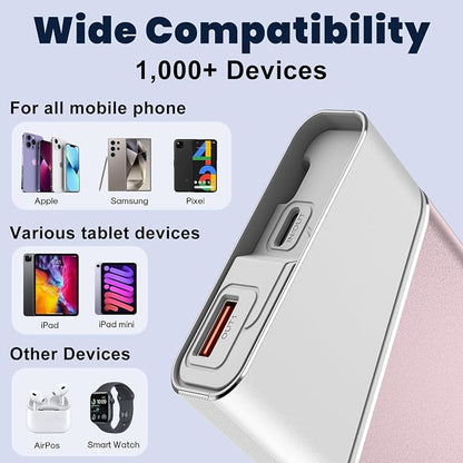 Aaoyun Portable Charger Power Bank, 20000mAh 22.5W PD Fast Charging Powerbank with Built-in USB C Cable, External Phone Battery Pack for iPhone 17/16/15 Samsung S24 Android etc, Pink