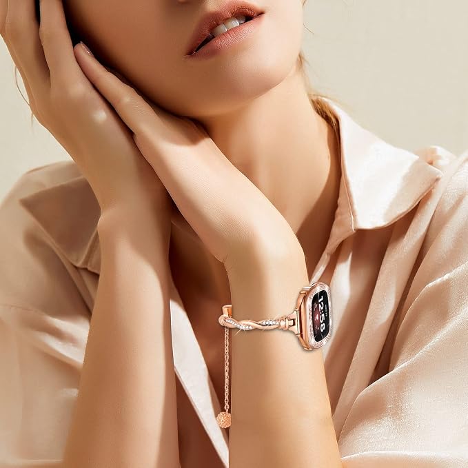 Bling Band Compatible with Fitbit Versa 4/Sense, Fitbit Versa 3/ Sense 2, Double Twist Metal Bangle Bracelet with Rhinestones for (Fitbit Versa 4/Sense 2, Rose Gold)