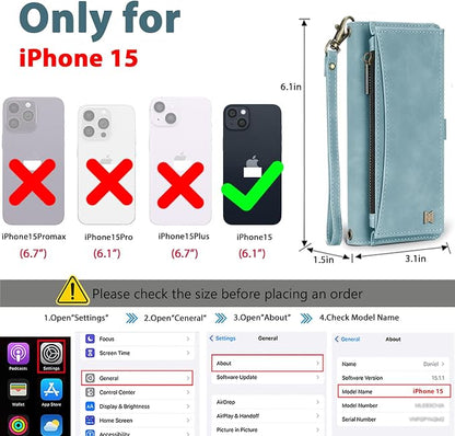 Wallet Case for iPhone 15 with Card Holder/Crossbody Wallet/Strap| RFID Blocking | Magnetic | Kickstand | Detachable | PU Leather Phone Case for iPhone 15,6.1 in,Blue