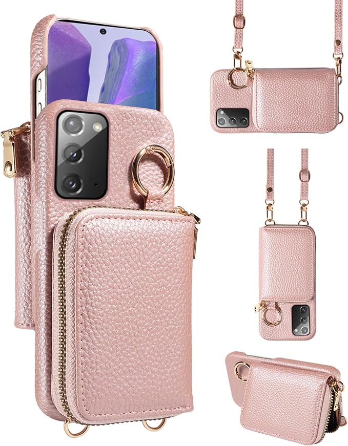 Wallet Case for Samsung Galaxy Note 20 5G with Shoulder Strap Ring Buckle, PU Leather Flip Organ Purse, Card Holder Stand Phone Cover for Note20 Notes 20s Twenty Not S20 Women Men Rose Gold