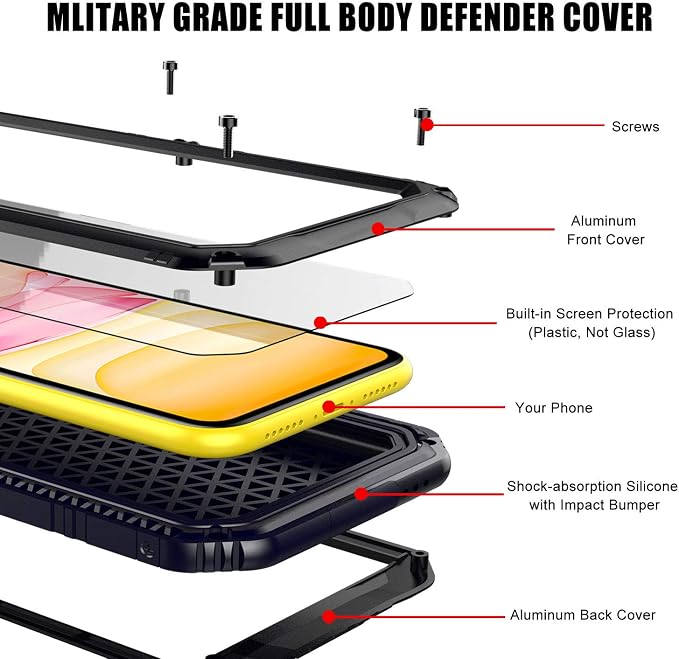 Mitywah Waterproof Case for iPhone 11, Heavy Duty Durable Metal Full Body Protective Case Built-in Screen Protection Waterproof Shockproof Dustproof Rugged Military Grade Defender, Black