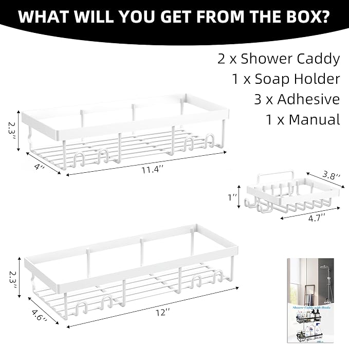 Moforoco 3-Pack Shower Caddy Basket Shelf with Soap Holder, No Drilling Traceless Adhesive Shower Wall Shelves, Rustproof White Bathroom Shower Storage Organizer