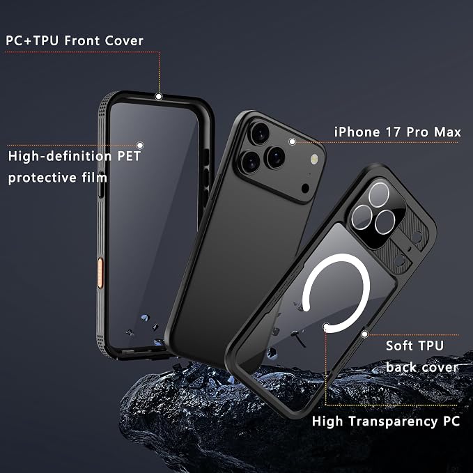 GOLDJU Magnetic for iPhone 17 Pro Max Case-Waterproof, Built-in Screen & Camera Protector-IP68 Underwater Full Body 16FT Military Dropproof Shockproof Case for 17 Pro Max 6.9''- Black