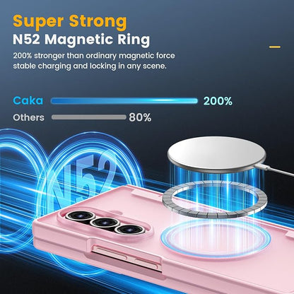 Caka Magnetic for Samsung Galaxy Z Fold 7 Case with Hinge Protection Pink | Compatible with MagSafe, Built-in Outer Screen Protector, Hinge Guard, Translucent Matte Back, 360° Hybrid Drop Defense