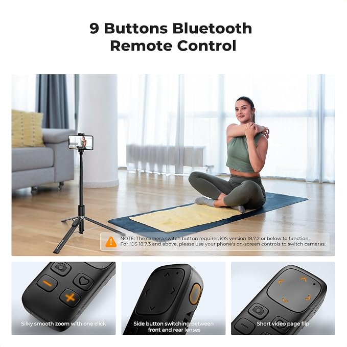 K&F CONCEPT Selfie Stick, Auto Open & Close Phone Tripod Stand, 360° Rotatable Selfie Stick with 9 Button Bluetooth Remote, Extendable Automatic Tripod for Cell Phone(Black)