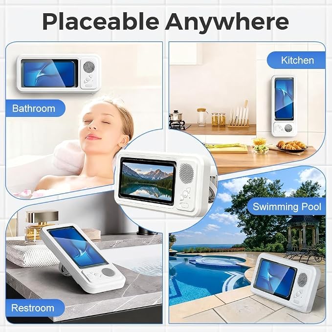 Shower Phone Holder Waterproof with Wireless Bluetooth Speaker, Hands-Free Shower Phone Holder for Any Phone, Wall Mounted Phoneholder for Bathroom Mirror (Pink)