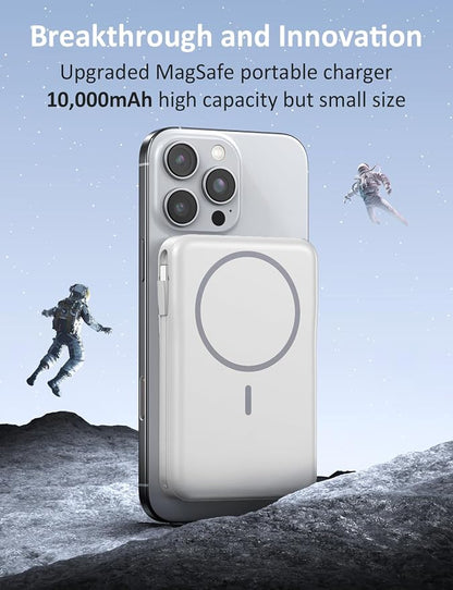 Magnetic Portable Charger, 10000mAh Power Bank, 5 in 1 Portable Charger with Built in Cable, 20W Fast Charging for Magsafe Battery Pack Compatible with iPhone 17/16/15/14/13/12 Pro/Pro Max-White
