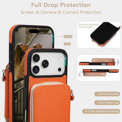 Keallce Case for iPhone 17 Pro Max 6.9'' Case Wallet, Crossbody Zipper Purse with RFID Blocking Card Slots Kickstand, Lanyard & Handstrap Flip Folio Leather Phone Cover for iPhone 17 Pro Max, Orange