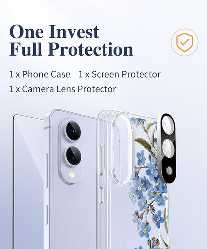 GVIEWIN for Samsung Galaxy S25 Edge Case, Clear Floral Shockproof Protective Women Phone Case, Non-Yellowing, Screen&Camera Lens Protector for Galaxy S25 Edge 6.7",Aconite/Blue
