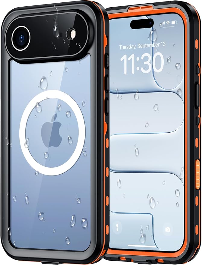 Red2Fire for iPhone Air Case Waterproof, [Built-in Screen Protector & Camera Protector][Compatible with MagSafe][Full Body Shockproof][IP68 Waterproof][Dustproof] Phone Case 6.5" Orange/Clear