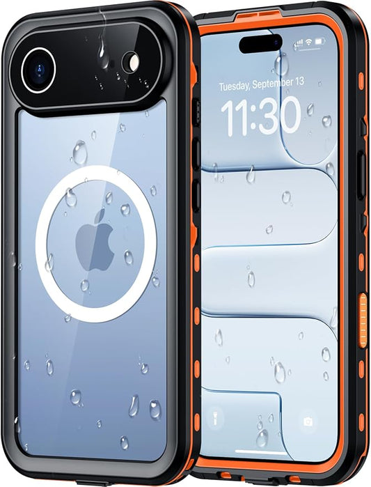 Red2Fire for iPhone Air Case Waterproof, [Built-in Screen Protector & Camera Protector][Compatible with MagSafe][Full Body Shockproof][IP68 Waterproof][Dustproof] Phone Case 6.5" Orange/Clear
