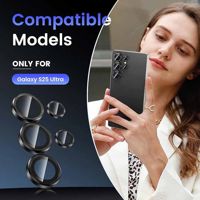 Tensea (3+2PCS Compatible with Samsung Galaxy S25 Ultra Camera Lens Protector, 9H Tempered Glass Camera Cover Screen Protector Metal Individual Ring [Installation Tray][Case Friendly]