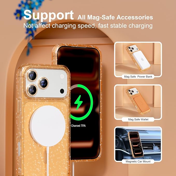 Choiche Magnetic for iPhone 17 Pro Case Compatible with MagSafe, Women Cute Glitter Sparkly Phone Case with Diamond Camera Lens Protectors, Military-Grade Drop Protection 6.3" (Gold)
