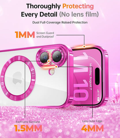 Meifigno Designed for iPhone 17 Case with Ring Stand (6.3"), [Built-in Mirror] [Compatible with MagSafe] [Glitter Card & Wrist Strap] Removable Phone Stand +Designed for iPhone 17 Case, Hot Pink