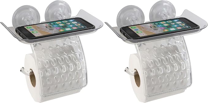 Bath Bliss Suction Cup Toilet Paper Dispenser | Power Lock Suction Mount | Phone and Wipes Holder Tray | Not Tools Required |Smooth Surfaces Only | Tile | Glass | Metal | Plastic | Bathroom | Clear