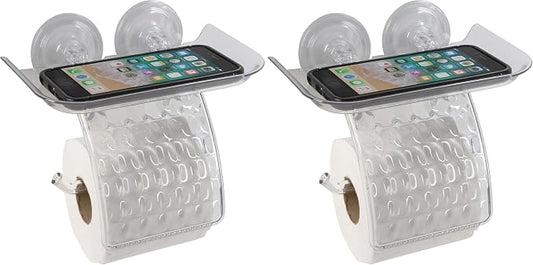 Bath Bliss Suction Cup Toilet Paper Dispenser | Power Lock Suction Mount | Phone and Wipes Holder Tray | Not Tools Required |Smooth Surfaces Only | Tile | Glass | Metal | Plastic | Bathroom | Clear