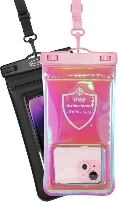 AiRunTech Waterproof Phone Pouch,Double Seal Floating Phone Case for Swimming Kayak Paddle Board,Protector iPhone 17 16 15 14 13, River Lake Canoe Boating Beach Accessories(Iridescent Pink+Black)