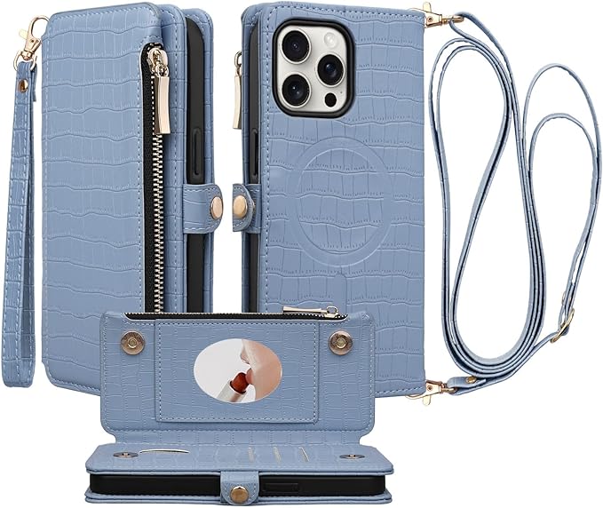 Crossbody Wallet Case for iPhone 15 Pro with Mirror, Wrist Strap, Zipper Purse Magnetic Flip RFID Blocking Card Holder, Wireless Charging, PU Leather Shockproof 6.1" Women (Blue)