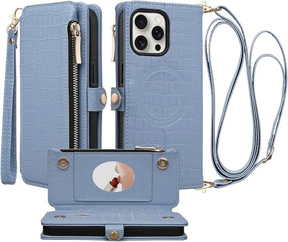 Crossbody Wallet Case for iPhone 15 Pro with Mirror, Wrist Strap, Zipper Purse Magnetic Flip RFID Blocking Card Holder, Wireless Charging, PU Leather Shockproof 6.1" Women (Blue)