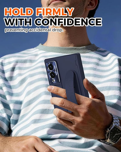 NINKI Hinge Protection for Samsung Galaxy Z Fold 8 Case with Wrist Strap & Kickstand, Hard Thin Screen Protector for Samsung Fold 8 Strap Case, Z Fold 8 Cases for Samsung Z Fold 8 Phone Cover Men Blue