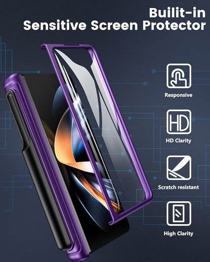Viaotaily for Galaxy Z Fold 4 Case with Card Holder & S Pen Holder & Slide Lens Cover, Built-in Hinge Protection & Screen Protector, Durable Sturdy Phone Cover for Galaxy Z Fold 4, Dark Purple