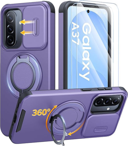 JAME for Samsung Galaxy A37/A36/A56 5G Case, Ring Holder Stand Kickstand, Slide Camera Cover, 2 Screen Protectors, Dual-Layer Shockproof Protective, Magnetic Accessory Friendly Phone Case, Purple
