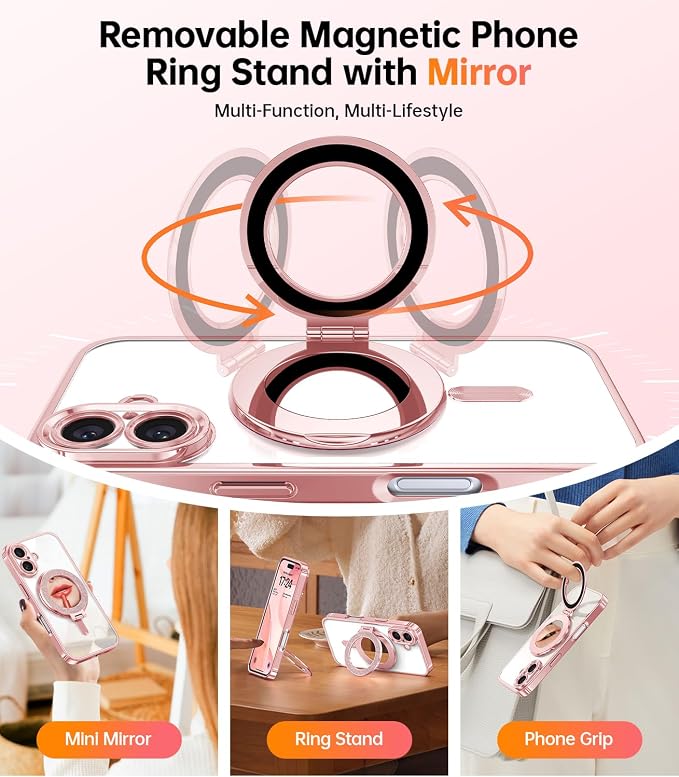Meifigno Magnetic Case with Removable Phone Ring Stand for iPhone 16 Plus, [Glitter Card & Wrist Strap] [MagSafe Compatible] [Built in Mirror] Magnetic Phone Ring Holder + 16 Plus Case Kit, Rose Gold
