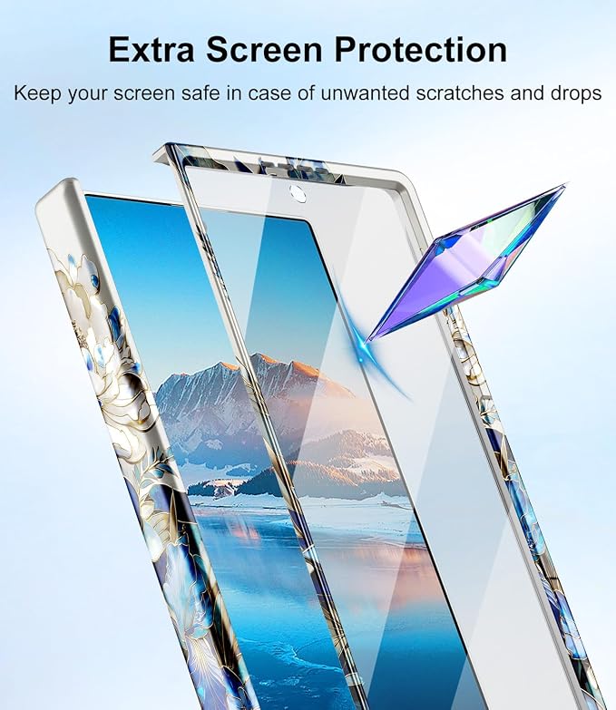 Btscase for Samsung Galaxy Z Fold 7 Case,Built in Front Screen Protector,Gold Glitter Marble Pattern Hard PC Slim Shockproof Full Body Drop Protective Case for Galaxy Z Fold 7 5G, Blue Floral
