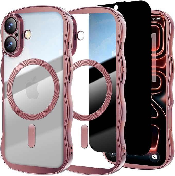Misscase for iPhone 16 Case with Privacy Screen Protector,Compatible with MagSafe,Cute Wave Frame Anti-Scratch Case with Camera Lens Protector Plating Bling Case for iPhone 16 6.1" Women Pink