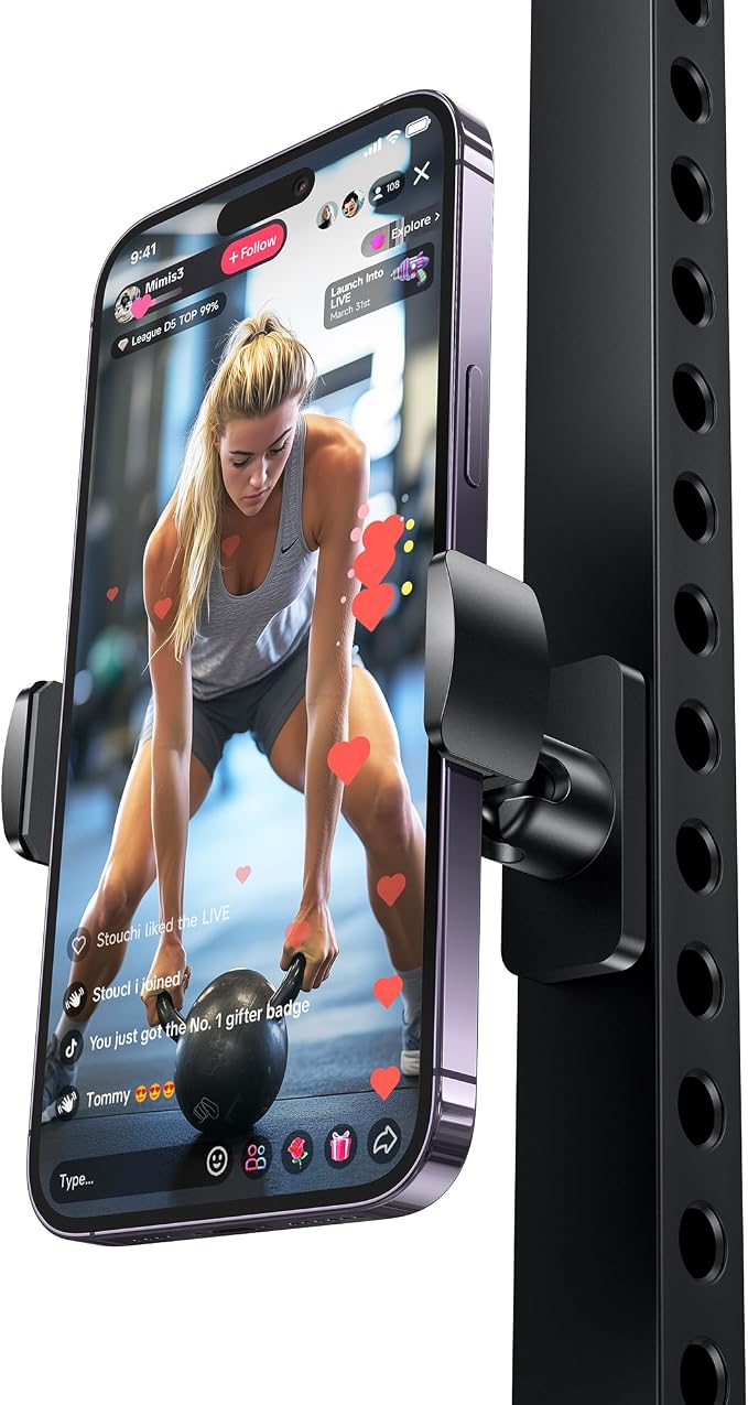 Stouchi Gym Magnetic Phone Holder, 360° Adjustable [N55 Dual Magnet] Phone Mount Gym Accessories for Women/Men, All Metal Portable Workout Essentials Compatible with 4.7-6.5" Smartphones, Black