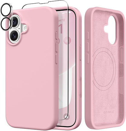 GONEZ Magnetic for iPhone 17 Case, Compatible with MagSafe, [Screen Protector + Camera Lens Protector], Liquid Silicone Anti-Scratch Shockproof Protective Phone Case 6.3 inch, Peach Pink