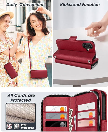 OCASE for iPhone 17 Crossbody Wallet Case - Stylish PU Leather Handbag Phone Purse with Zipper Closure, Card Slots & RFID Blocking - Wrist Strap, Lanyard, Kickstand - Red