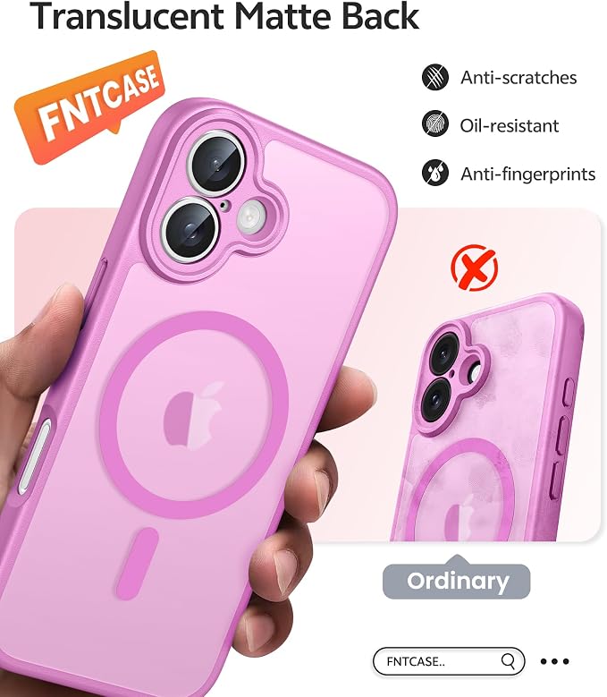 FNTCASE for iPhone 17 Case, Compatible with Magsafe, Glass Screen Protector | Full Camera Protection, Translucent Matte, 14FT Military Grade Drop Proof, Shockproof Protective Phone Cover, Pink