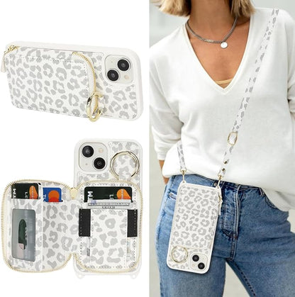 Crossbody Wallet Case for iPhone 14, PU Leather Zipper Handbag Purse Flip Cover, Kickstand Folio Case with Card Slots Holder Wrist Strap Lanyard 5G 6.1 Inch-White Leopard