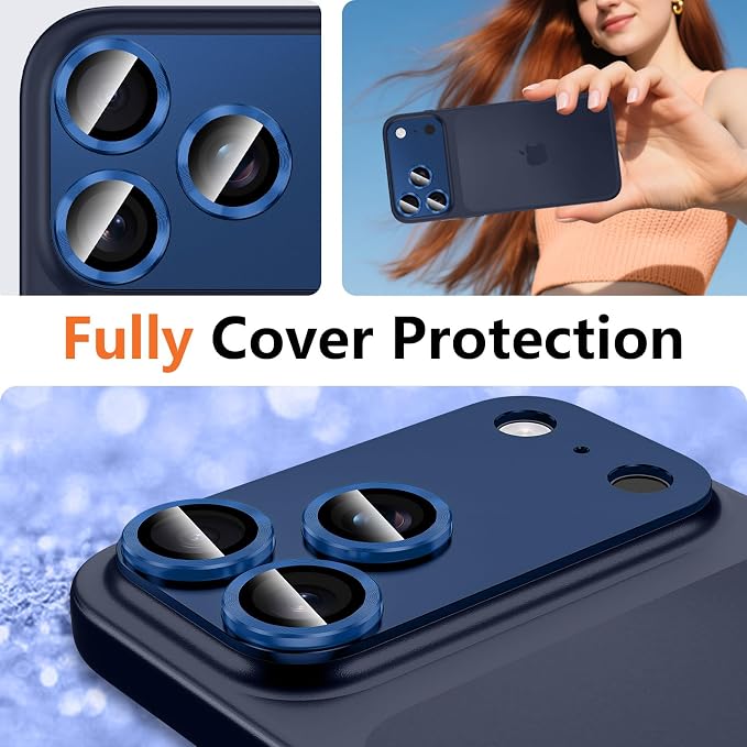for iPhone 17 Pro Camera Lens Protector, [Military Grade Shatterproof] [Strong Adsorption] [Case Friendly] Full Coverage Metal Aluminum Alloy 9H Tempered Glass Camera Screen Cover, Blue