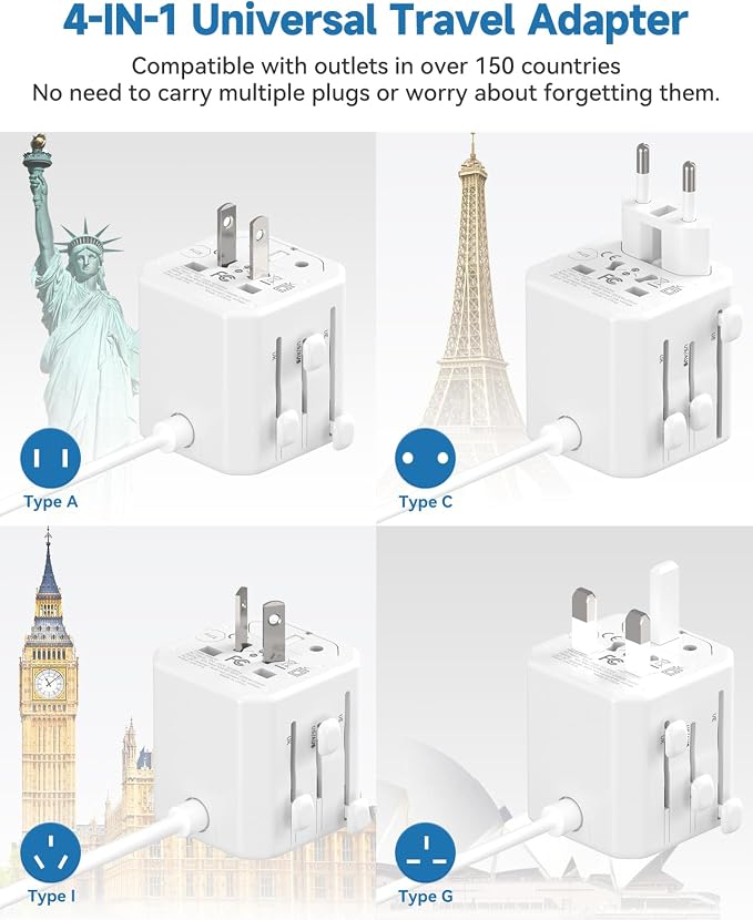 European Travel Plug Adapter, Multi Country Plug Adapter 3FT | Universal Travel Adapter with 3 USA Outlets and 4 USB Ports, Type A/C/G/I Plug Adapter for US to Most of Country