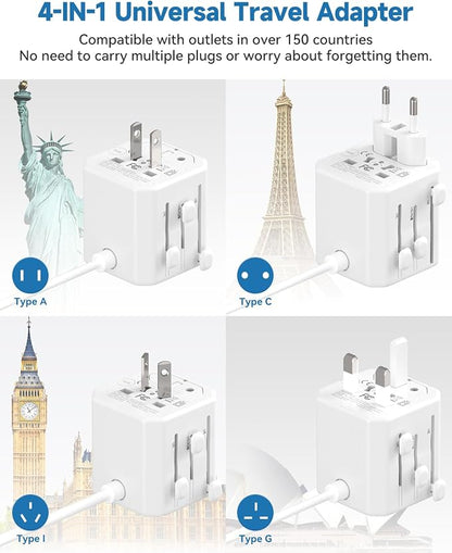 European Travel Plug Adapter, Multi Country Plug Adapter 3FT | Universal Travel Adapter with 3 USA Outlets and 4 USB Ports, Type A/C/G/I Plug Adapter for US to Most of Country