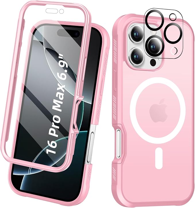 Compatible with iPhone 16 Pro Max Case, Built-in Screen Protector, with Camera Lens Protector, [Compatible with MagSafe] Matte Back Full Body Phone Case, Protective Cover for 6.9 Inch (Pink)
