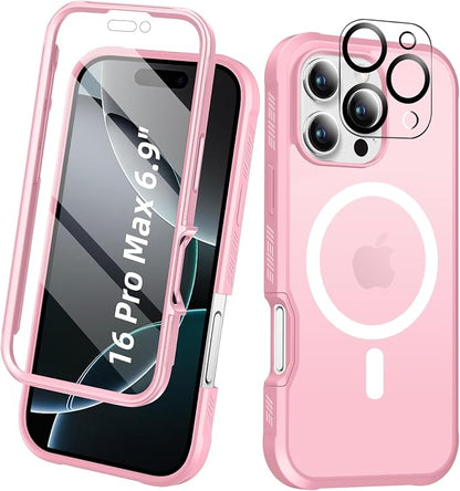 Compatible with iPhone 16 Pro Max Case, Built-in Screen Protector, with Camera Lens Protector, [Compatible with MagSafe] Matte Back Full Body Phone Case, Protective Cover for 6.9 Inch (Pink)