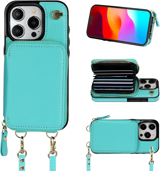 Bocasal Crossbody Wallet Case for iPhone 15 Pro, RFID Blocking Leather Purse Case with Card Holder, Protective Handbag Flip Cover with Zipper Wrist Strap Lanyard for Women 5G 6.1 Inch (Mint Green)