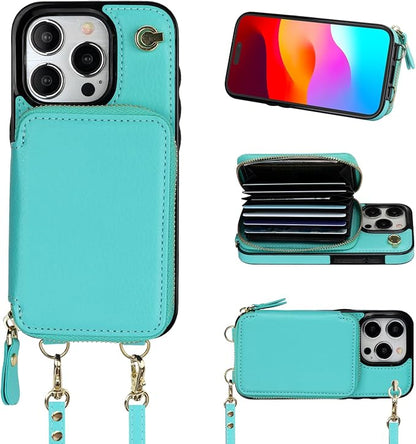 Bocasal Crossbody Wallet Case for iPhone 15 Pro, RFID Blocking Leather Purse Case with Card Holder, Protective Handbag Flip Cover with Zipper Wrist Strap Lanyard for Women 5G 6.1 Inch (Mint Green)