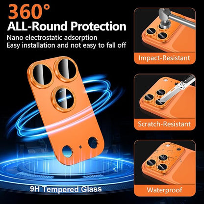 for iPhone 17 Pro Camera Lens Protector, [Military Grade Shatterproof] [Strong Adsorption] [Case Friendly] Full Coverage Metal Aluminum Alloy 9H Tempered Glass Camera Screen Cover, Orange