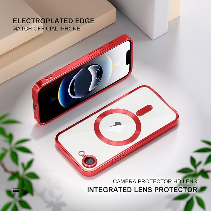 Misea Magnetic for iPhone 17e / 16e Case Compatible with MagSafe [Never Yellowing] [Military Grade Drop Protection] Full Camera Lens Protector Plating Soft Clear Phone Case for Women 6.1 inch, Red