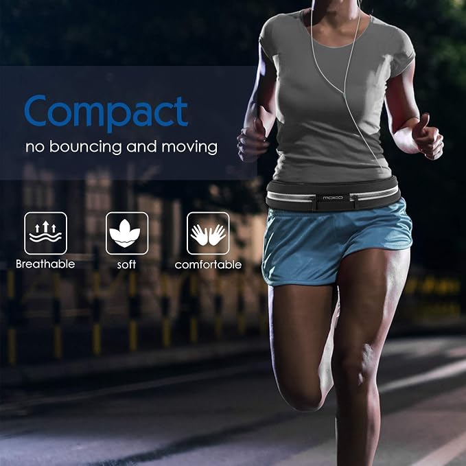 MoKo Sports Running Belt,Outdoor Dual Pouch Sweatproof Reflective Slim Waist Pack,Fitness Workout Belt Fanny Pack Compatible with iPhone 11/11 Pro Max/X/Xr/Xs Max/8/7, Galaxy Note 10/10 Plus, S20/S10