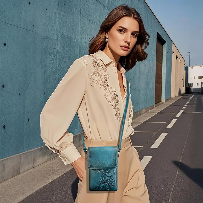 Small Crossbody Bags for Women Trendy Vegan Leather Cell Phone Bag Embossed Flower Design Wallet Purses with Strap