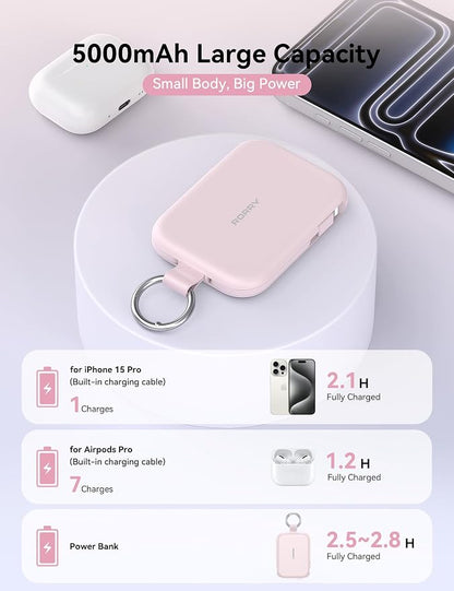 RORRY CharmGo Portable Charger, 5000mAh Portable Charger Power Bank with Built-in Cables, Travel Keychain Charger Battery Pack for iPhone 17/16/15/14/13/12, for AirPods 2/3/4/Pro, Pink