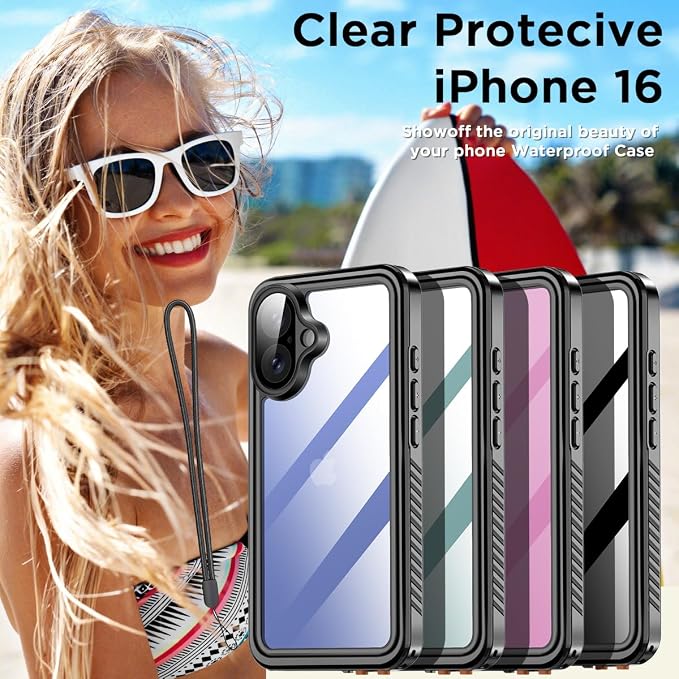 AICase Compatible with iPhone 16 Case Waterproof, Clear Water Proof Built-in Screen Protector Shockproof Dustproof Snowproof Full Body Rugged Underwater Phone Case