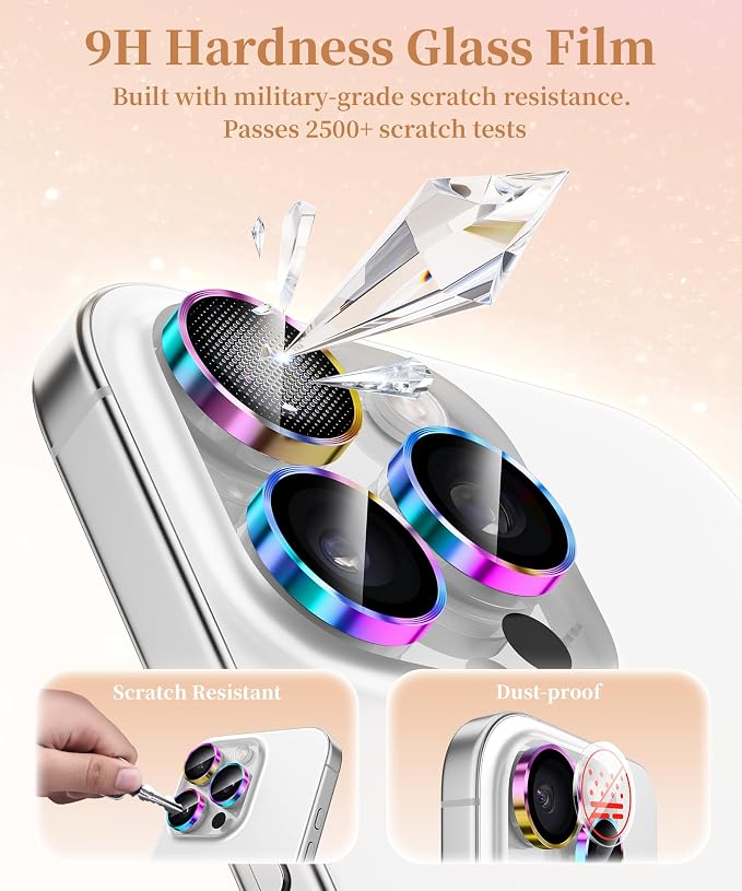 GolbinBox Camera Lens Protector for iPhone 17 Pro Max/17 Pro/16 Pro Max/16 Pro, 1:1 Invisible Fit, 9H Tempered Glass Ultra HD Metal Individual Camera Cover, Case Friendly, Colorful