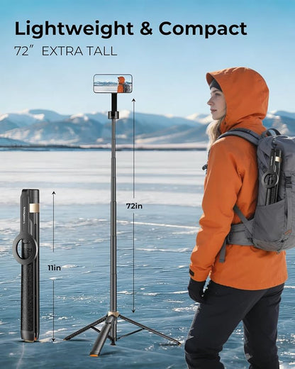 Magnetic Selfie Stick Tripod 72 Inch for iPhone MagSafe, Extendable Phone Tripod Stand with Bluetooth Remote, 360° Rotation Aluminum Selfie Stick for Travel, Vlog, TikTok